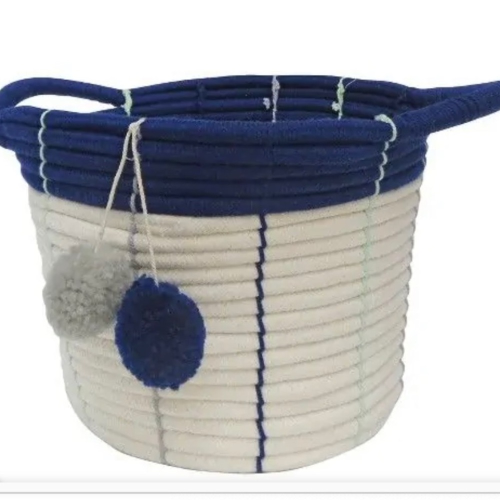 PillowFort Cream & Navy Woven Cord PomPom Basket 7” Diameter